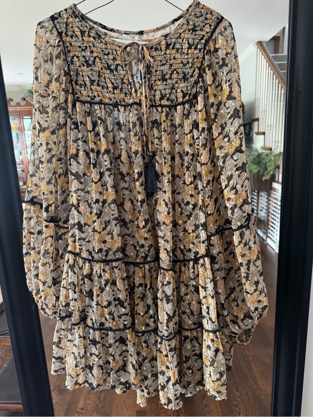 Free People Black, Mustard & Cream Floral Tiered Long-Sleeve Dress